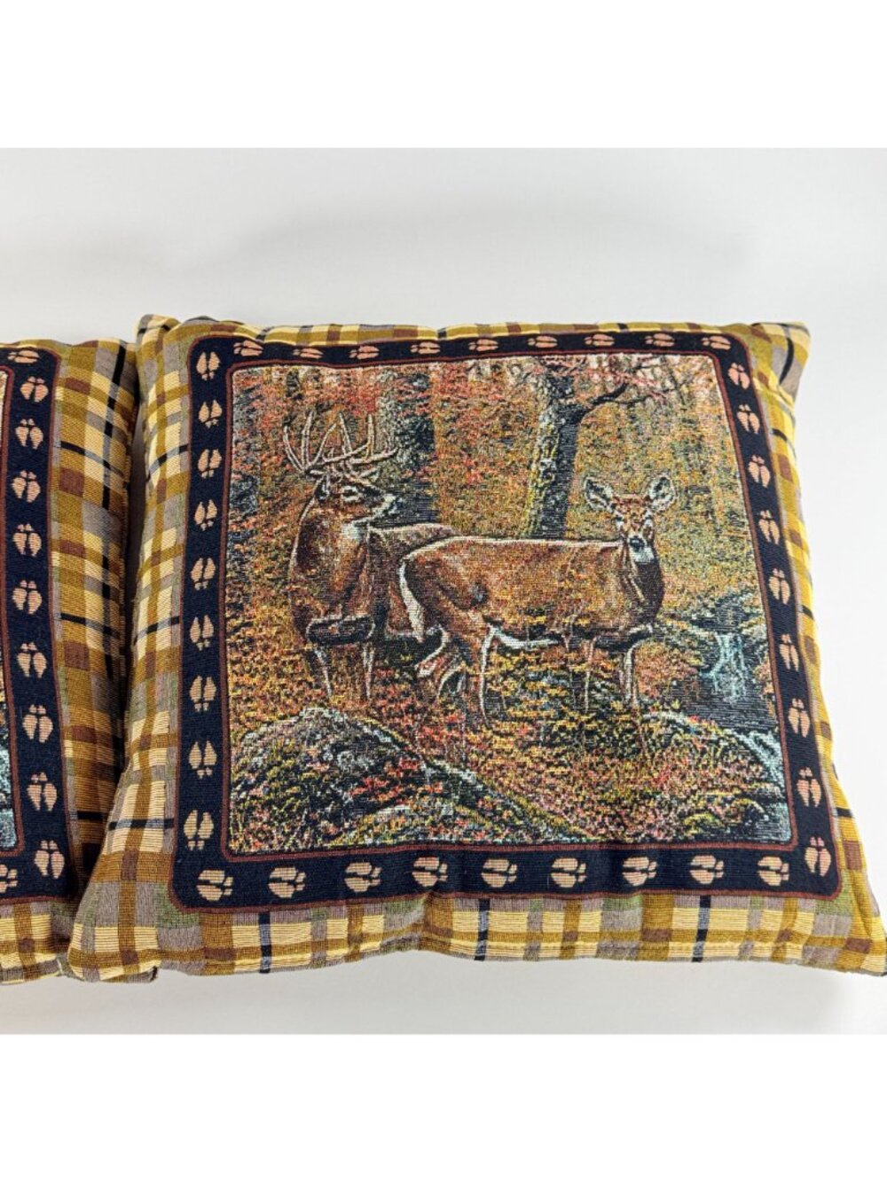 Rivers Edge Products Tapestry Throw Pillows 18x18 Inch Brown Plaid With Deer Pai - Picture 5 of 8